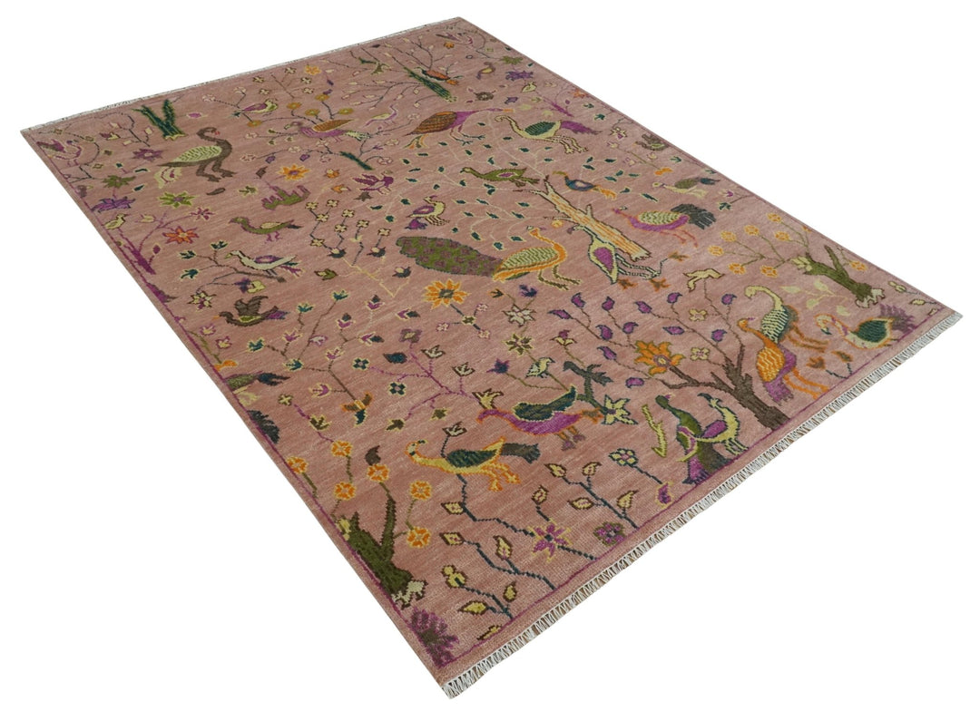 The Jungle Life Peacock on tree Rug Hand Knotted 8x10 Peach Wool Rug - The Rug Decor