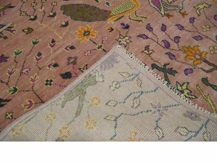 The Jungle Life Peacock on tree Rug Hand Knotted 8x10 Peach Wool Rug - The Rug Decor