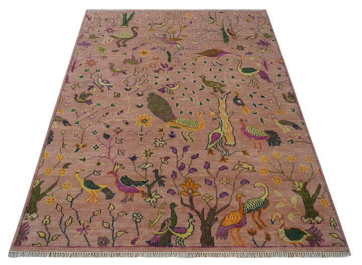 The Jungle Life Peacock on tree Rug Hand Knotted 8x10 Peach Wool Rug - The Rug Decor