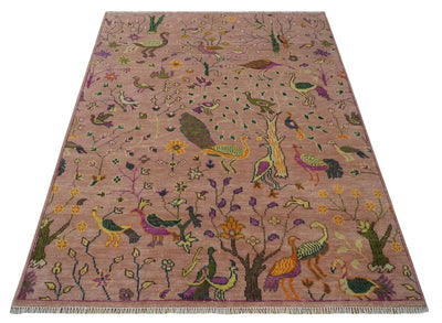 The Jungle Life Peacock on tree Rug Hand Knotted 8x10 Peach Wool Rug - The Rug Decor