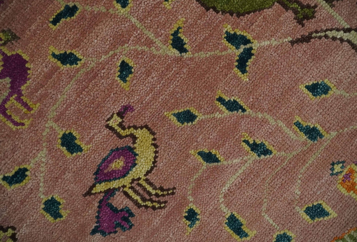The Jungle Life Peacock on tree Rug Hand Knotted 8x10 Peach Wool Rug - The Rug Decor