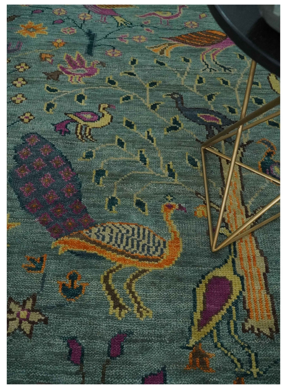 The Jungle Life Peacock on tree Rug Hand Knotted Multi Size Green Wool Rug - The Rug Decor