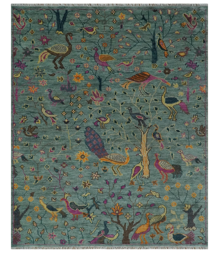 The Jungle Life Peacock on tree Rug Hand Knotted Multi Size Green Wool Rug - The Rug Decor