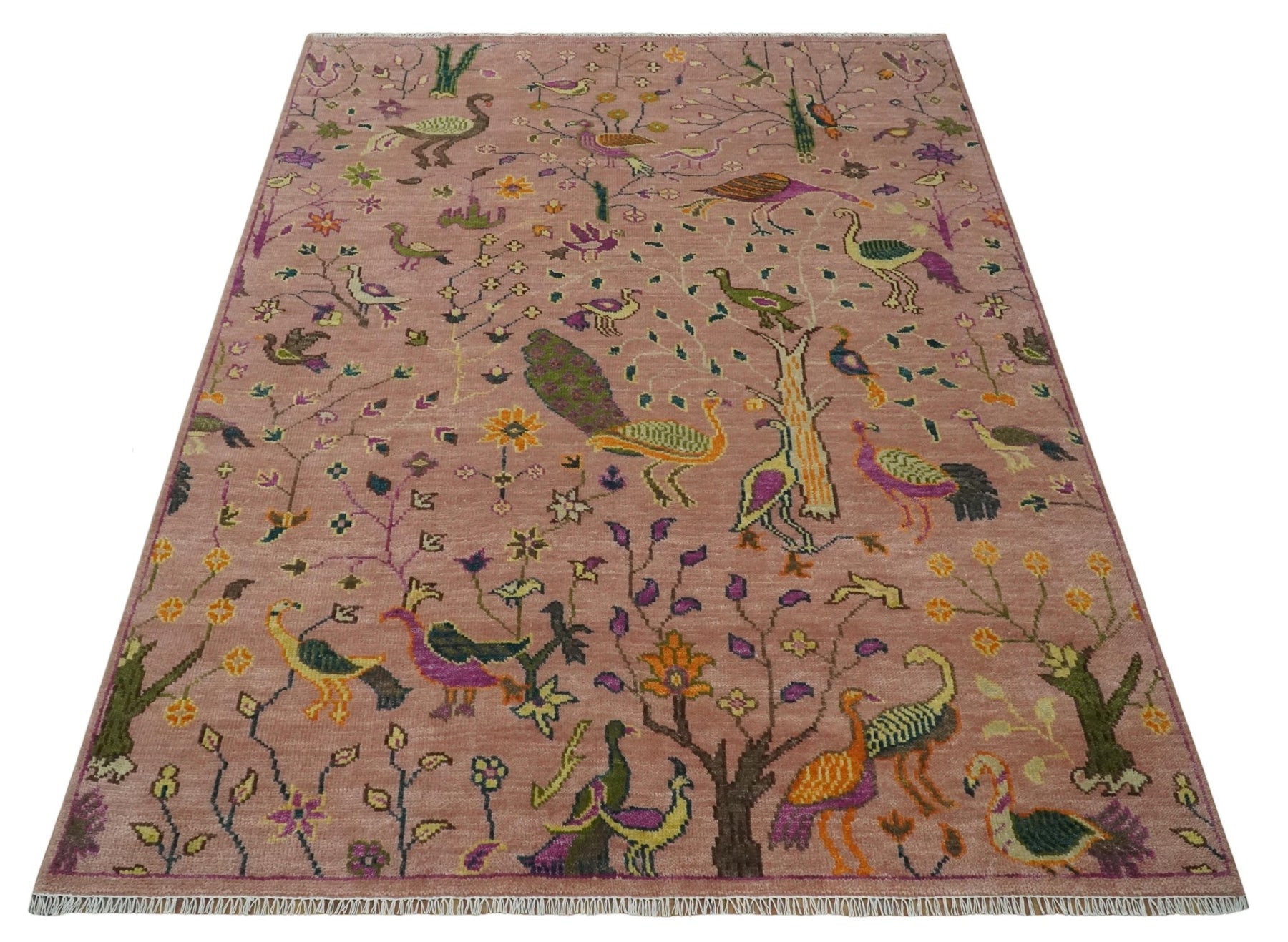 The Jungle Life Peacock on tree Rug Hand Knotted Peach Wool Rug – The ...