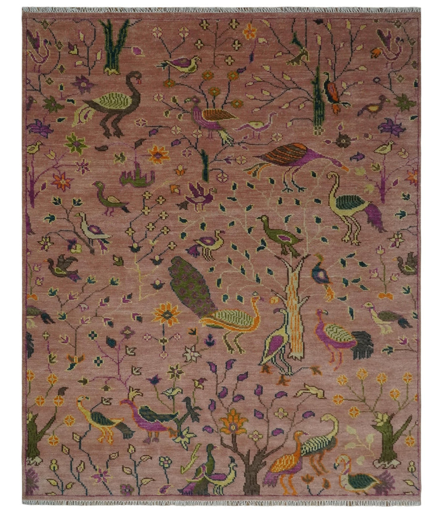 The Jungle Life Peacock on tree Rug Hand Knotted Multi Size Peach Wool Rug - The Rug Decor