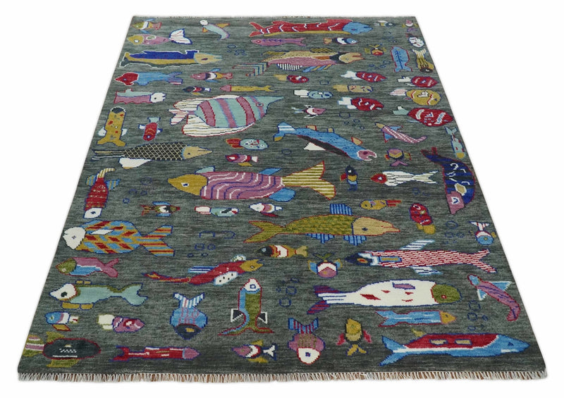 The Sea Life Fish Rug 9x12, 10x14 and 12x15 Hand Knotted Gray Wool Rug | TRDCP1333 - The Rug Decor
