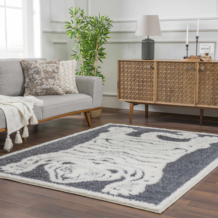 Tibetan Tiger Design Ivory and Charcoal Plush Pile Area Rug - The Rug Decor