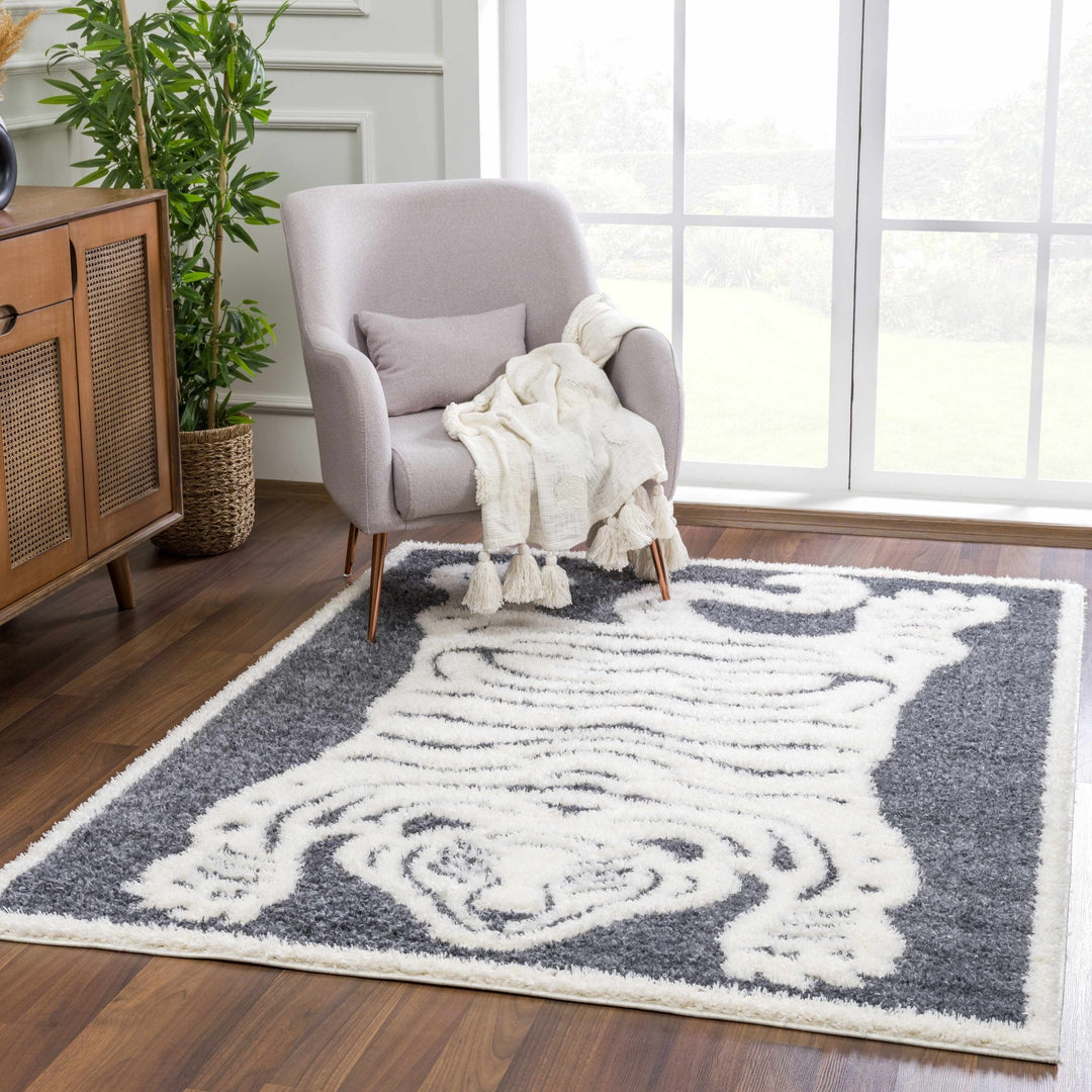 Tibetan Tiger Design Ivory and Charcoal Plush Pile Area Rug - The Rug Decor