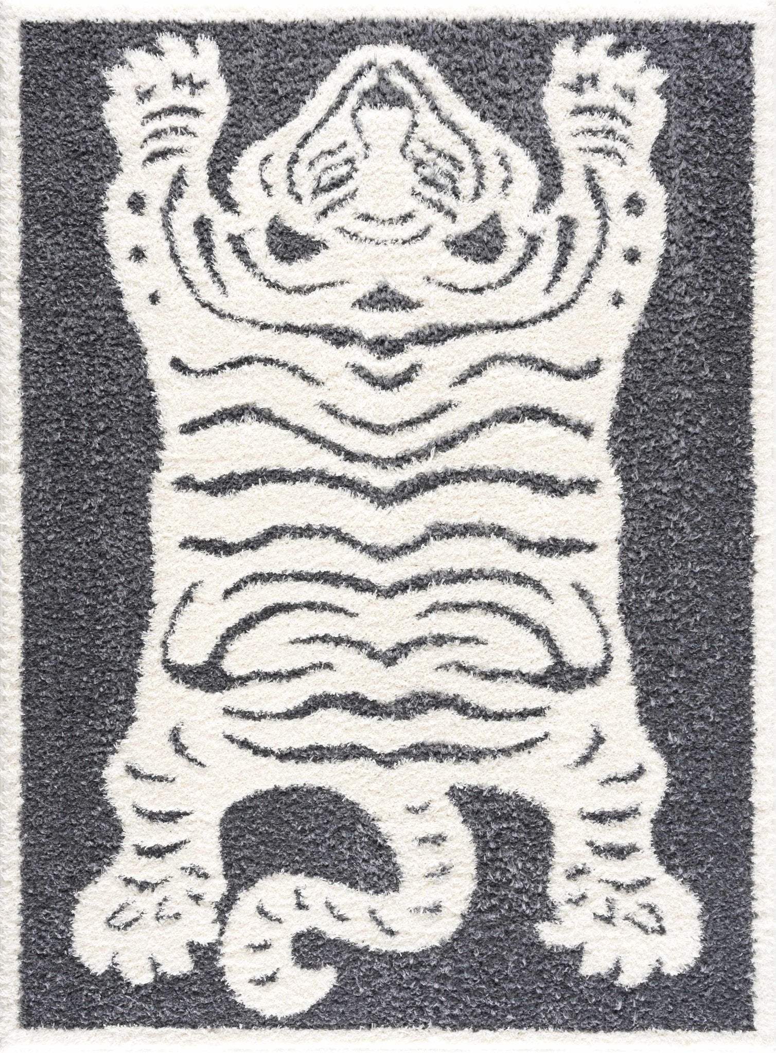 Tibetan Tiger Design Ivory and Charcoal Plush Pile Area Rug – The
