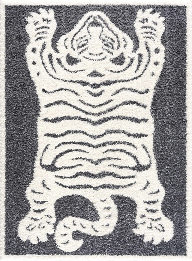 Tibetan Tiger Design Ivory and Charcoal Plush Pile Area Rug - The Rug Decor