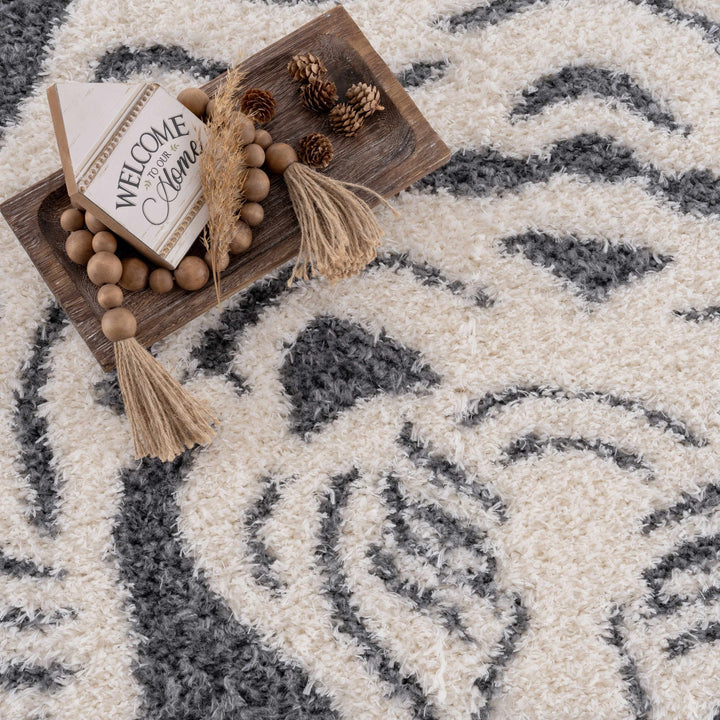 Tibetan Tiger Design Ivory and Charcoal Plush Pile Area Rug - The Rug Decor