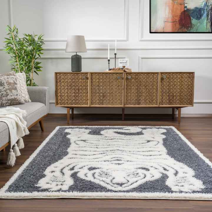 Tibetan Tiger Design Ivory and Charcoal Plush Pile Area Rug - The Rug Decor