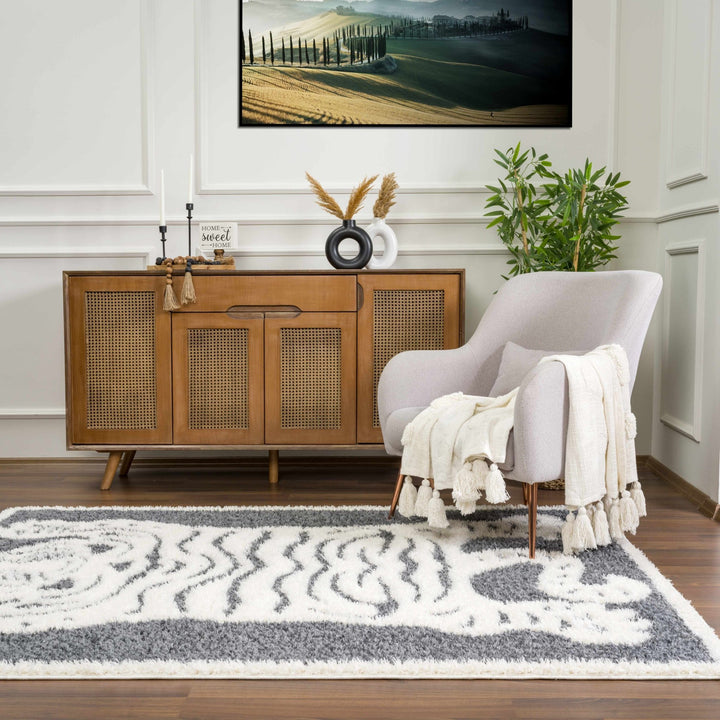 Tibetan Tiger Design Ivory and Charcoal Plush Pile Area Rug - The Rug Decor
