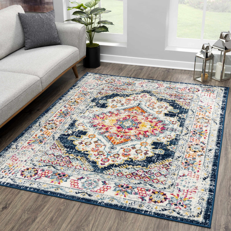 Traditional Beige, Blue and Pink Low Pile Medallion Design Indoor Area Rug - The Rug Decor