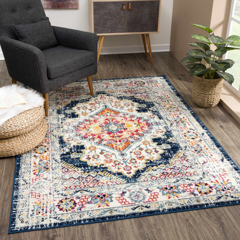 Traditional Beige, Blue and Pink Low Pile Medallion Design Indoor Area Rug - The Rug Decor