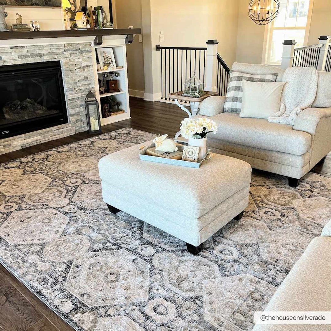 Traditional Black, Charcoal, Beige, Gray Multi color Ikat Texture Pile Area Rug - The Rug Decor