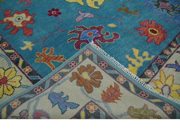 Traditional Blue and Camel Colorful Hand knotted Oushak 8.9x11.10 Wool Area Rug - The Rug Decor