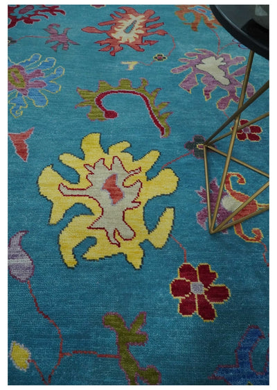 Traditional Blue and Camel Colorful Hand knotted Oushak 8.9x11.10 Wool Area Rug - The Rug Decor