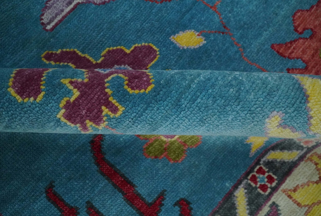 Traditional Blue and Camel Colorful Hand knotted Oushak 8.9x11.10 Wool Area Rug - The Rug Decor