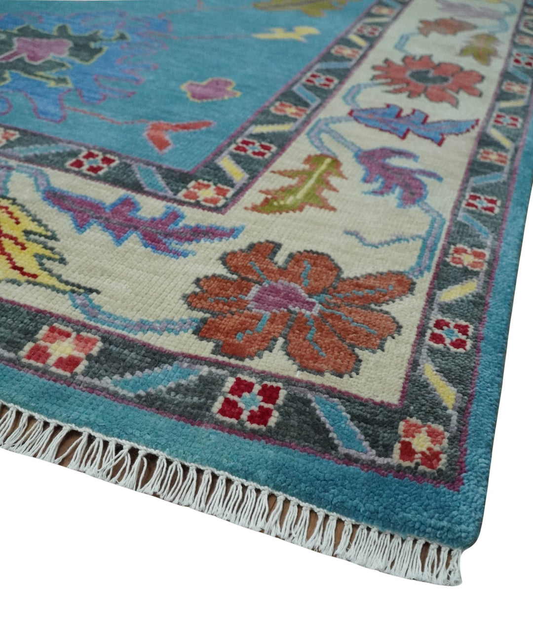 Traditional Blue and Camel Colorful Hand knotted Oushak 8.9x11.10 Wool Area Rug - The Rug Decor