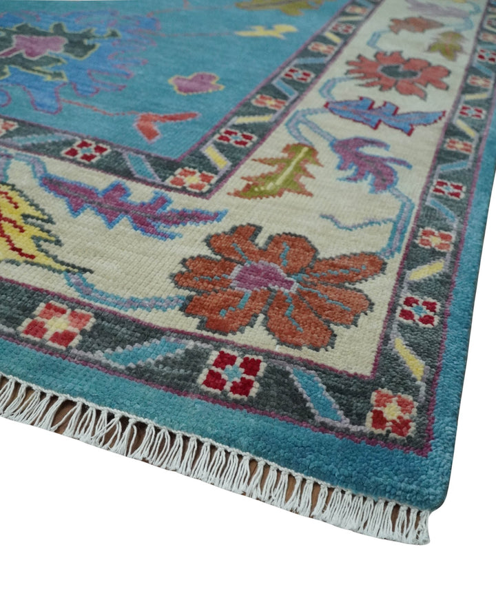 Traditional Blue and Camel Colorful Hand knotted Oushak 8.9x11.10 Wool Area Rug - The Rug Decor