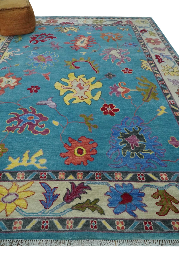 Traditional Blue and Camel Colorful Hand knotted Oushak 8.9x11.10 Wool Area Rug - The Rug Decor