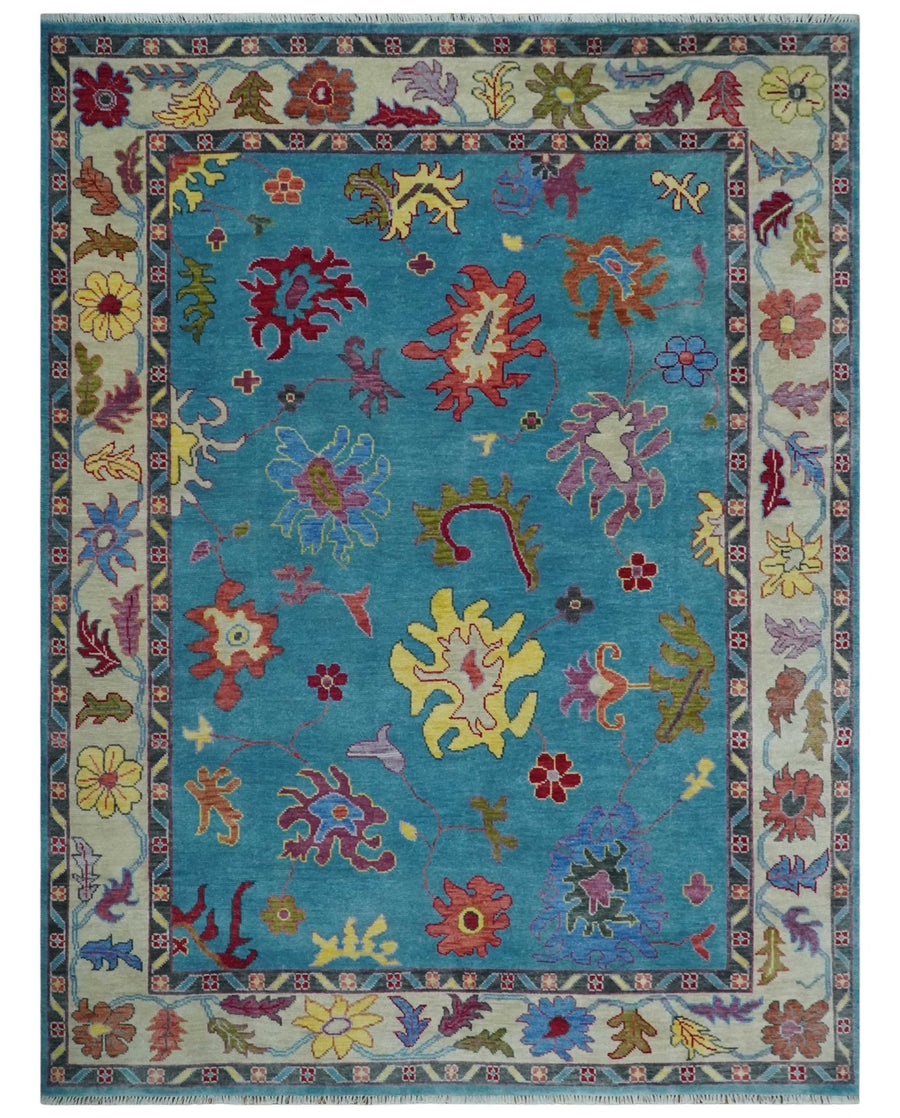 Traditional Blue and Camel Colorful Hand knotted Oushak 8.9x11.10 Wool Area Rug - The Rug Decor
