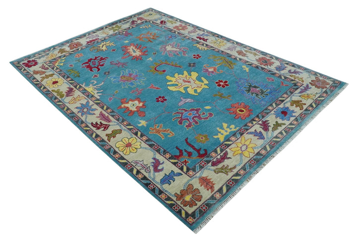 Traditional Blue and Camel Colorful Hand knotted Oushak 8.9x11.10 Wool Area Rug - The Rug Decor