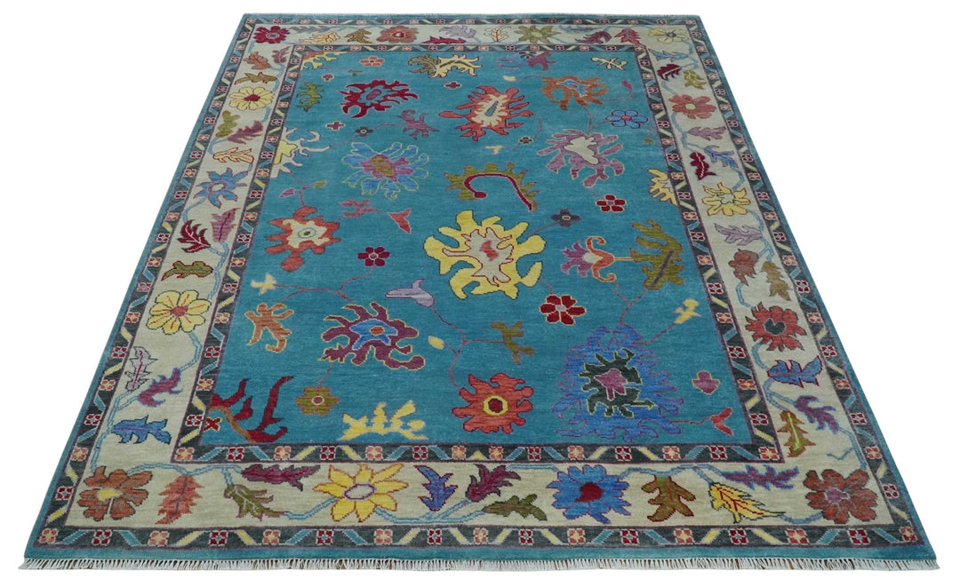 Traditional Blue and Camel Colorful Hand knotted Oushak 8.9x11.10 Wool Area Rug - The Rug Decor