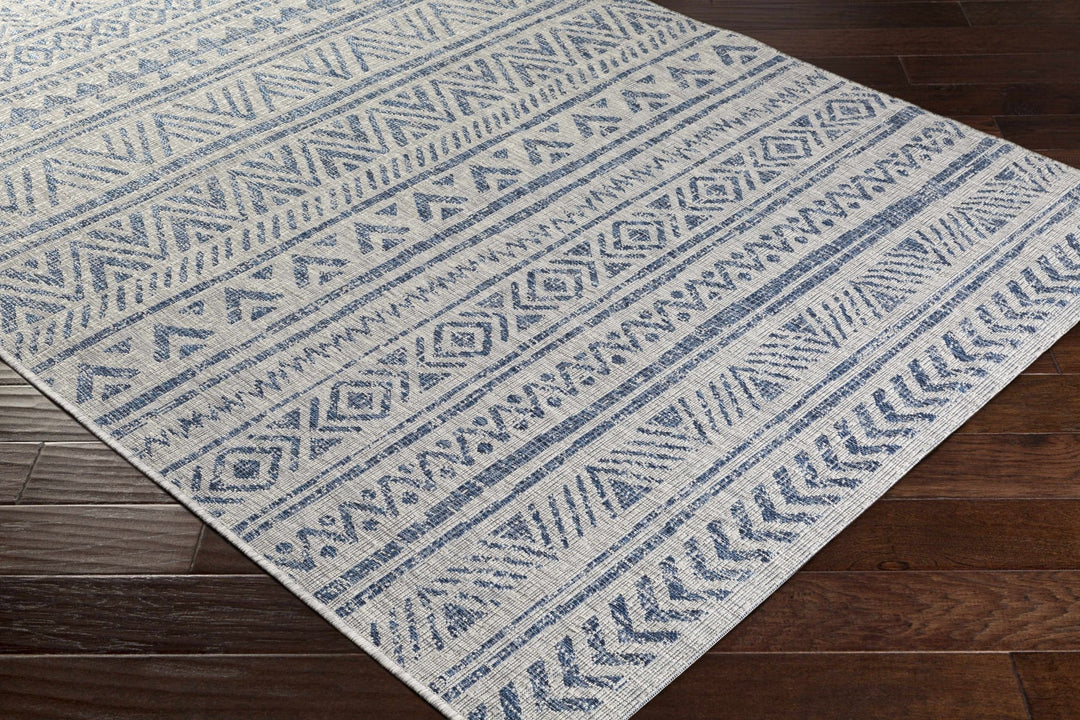 Traditional Blue and Ivory Tribal Design Outdoor Area Rug - The Rug Decor