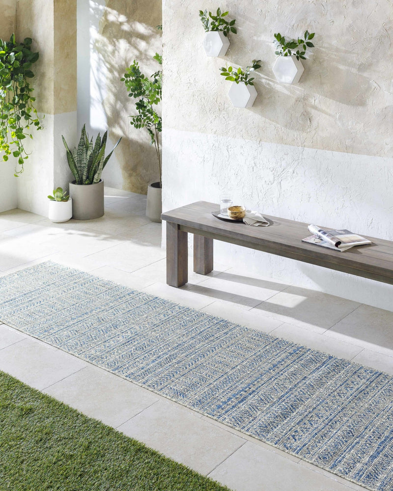 Traditional Blue and Ivory Tribal Design Outdoor Area Rug - The Rug Decor