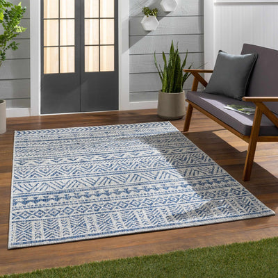 Traditional Blue and Ivory Tribal Design Outdoor Area Rug - The Rug Decor