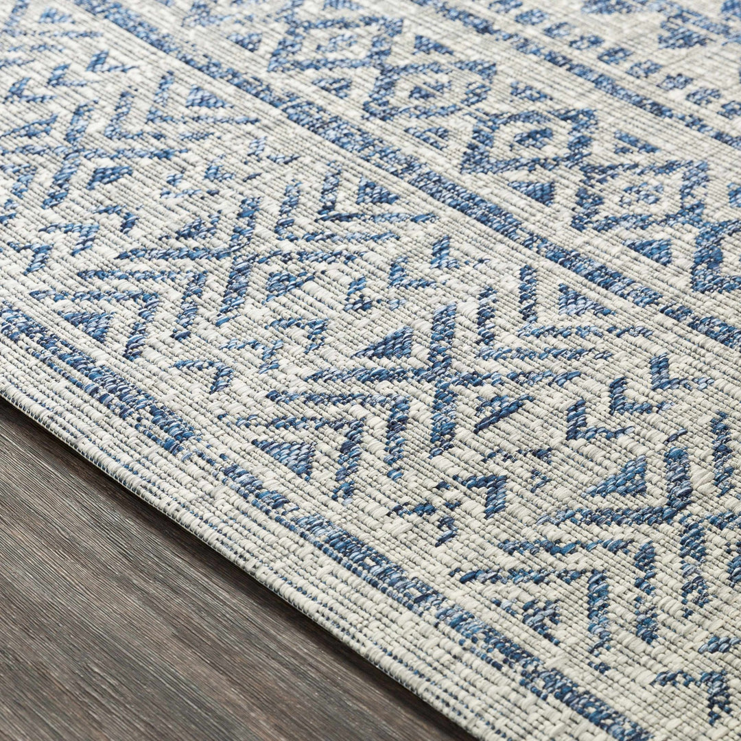 Traditional Blue and Ivory Tribal Design Outdoor Area Rug - The Rug Decor