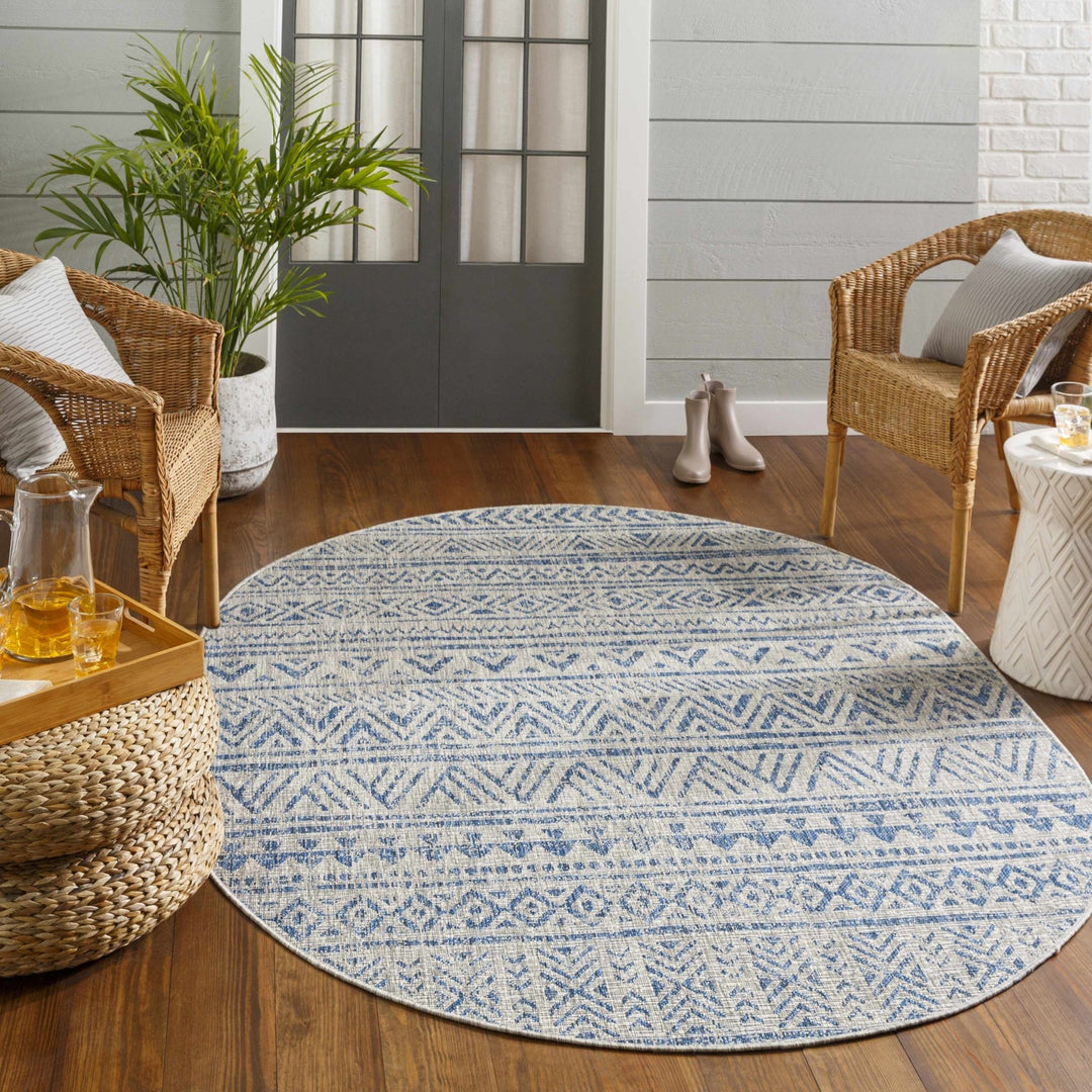 Traditional Blue and Ivory Tribal Design Outdoor Area Rug - The Rug Decor