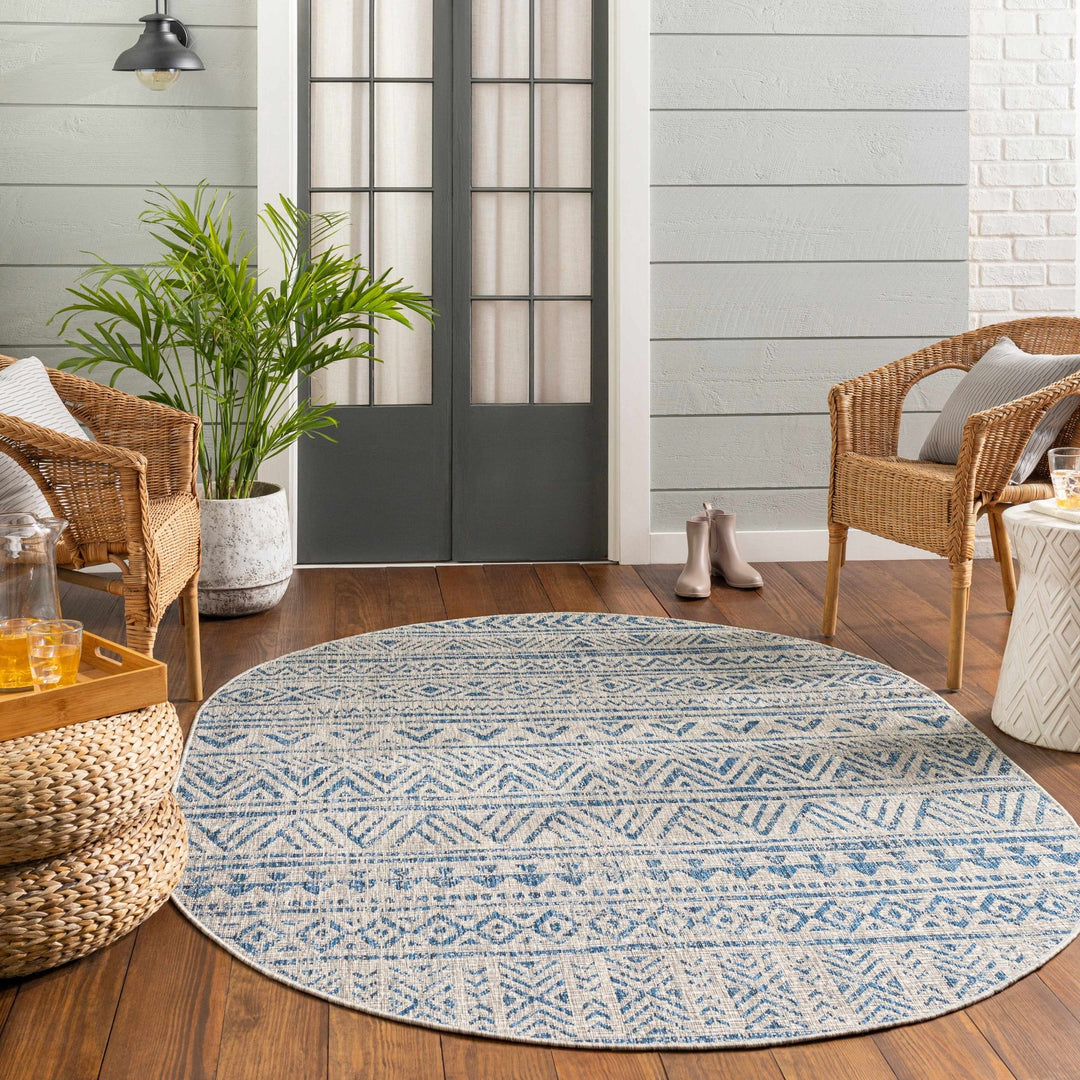 Traditional Blue and Ivory Tribal Design Outdoor Area Rug - The Rug Decor