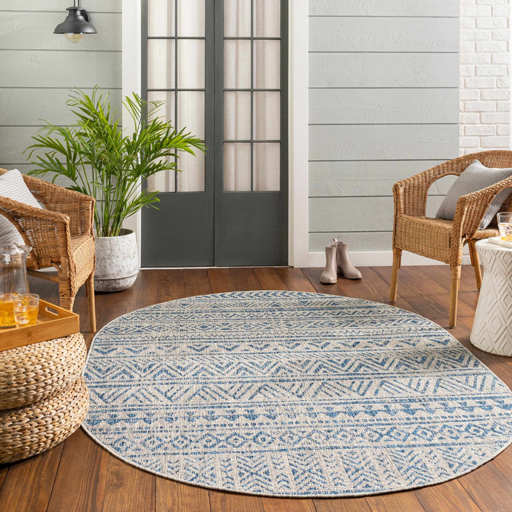 Traditional Blue and Ivory Tribal Design Outdoor Area Rug - The Rug Decor