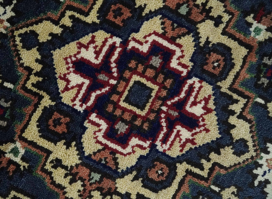 Traditional Blue, Beige and Ivory Heriz Serapi Hand knotted 2.7x7.9 wool Area Rug - The Rug Decor