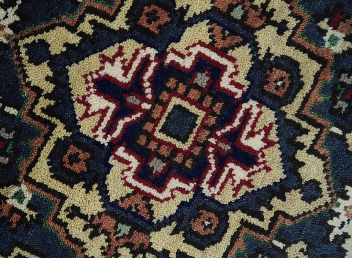 Traditional Blue, Beige and Ivory Heriz Serapi Hand knotted 2.7x7.9 wool Area Rug - The Rug Decor