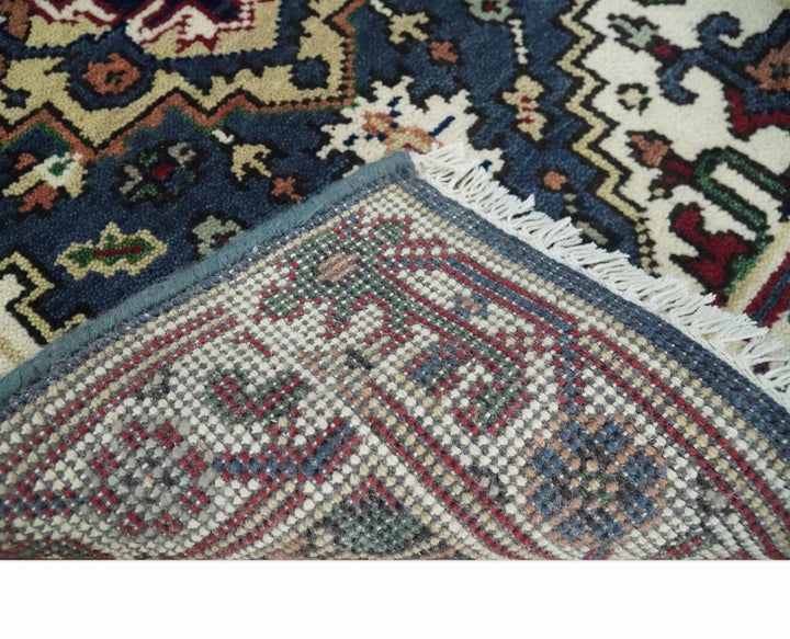 Traditional Blue, Beige and Ivory Heriz Serapi Hand knotted 2.7x7.9 wool Area Rug - The Rug Decor