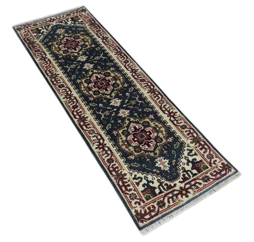 Traditional Blue, Beige and Ivory Heriz Serapi Hand knotted 2.7x7.9 wool Area Rug - The Rug Decor