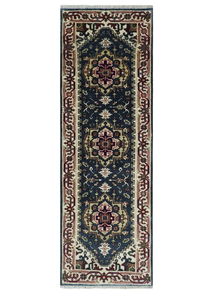 Traditional Blue, Beige and Ivory Heriz Serapi Hand knotted 2.7x7.9 wool Area Rug - The Rug Decor