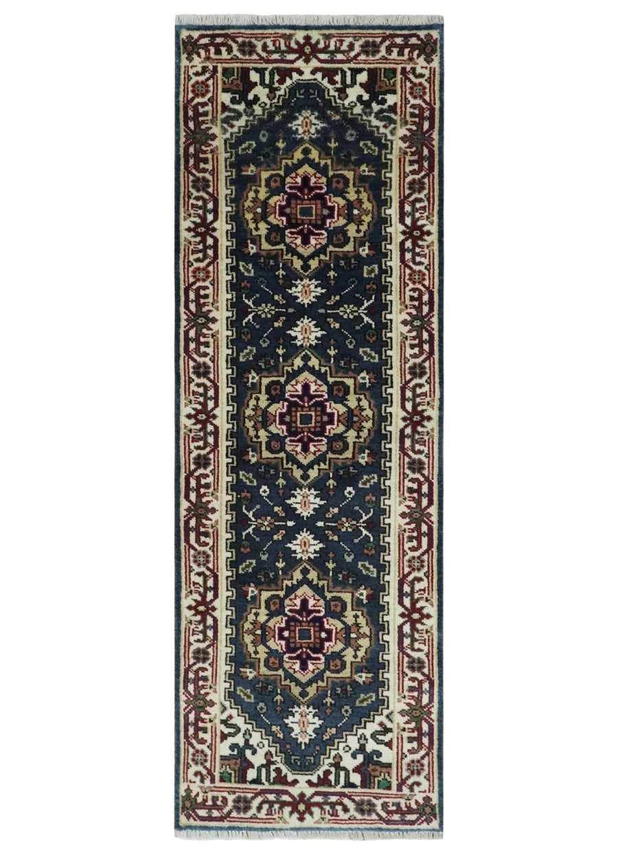 Traditional Blue, Beige and Ivory Heriz Serapi Hand knotted 2.7x7.9 wool Area Rug - The Rug Decor