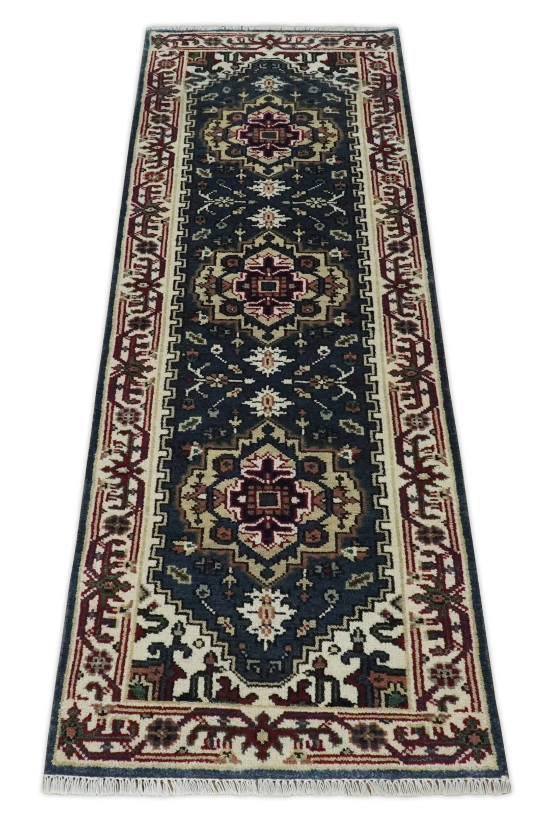 Traditional Blue, Beige and Ivory Heriz Serapi Hand knotted 2.7x7.9 wool Area Rug - The Rug Decor