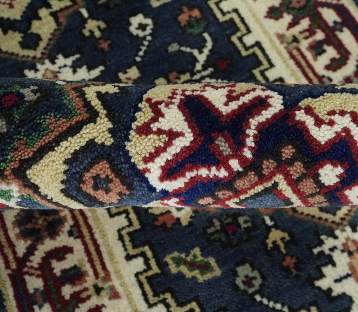 Traditional Blue, Beige and Ivory Heriz Serapi Hand knotted 2.7x7.9 wool Area Rug - The Rug Decor
