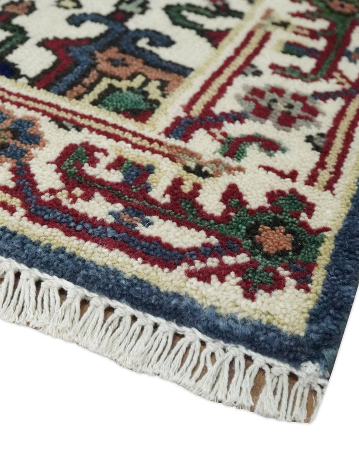 Traditional Blue, Beige and Ivory Heriz Serapi Hand knotted 2.7x7.9 wool Area Rug - The Rug Decor