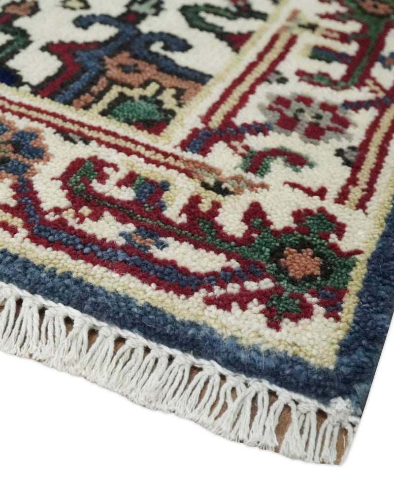 Traditional Blue, Beige and Ivory Heriz Serapi Hand knotted 2.7x7.9 wool Area Rug - The Rug Decor