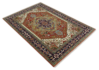 Traditional Blue, Rust and Ivory Heriz Serapi Hand knotted Multi Size wool Area Rug - The Rug Decor