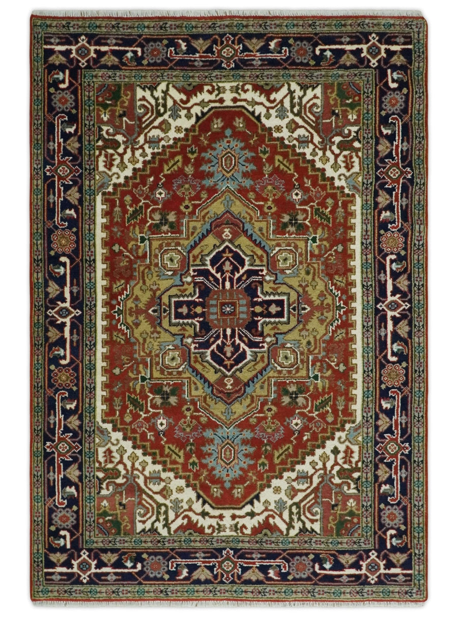 Traditional Blue, Rust and Ivory Heriz Serapi Hand knotted Multi Size wool Area Rug - The Rug Decor