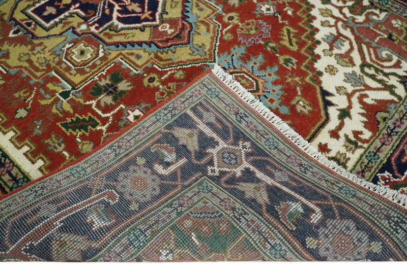 Traditional Blue, Rust and Ivory Heriz Serapi Hand knotted Multi Size wool Area Rug - The Rug Decor