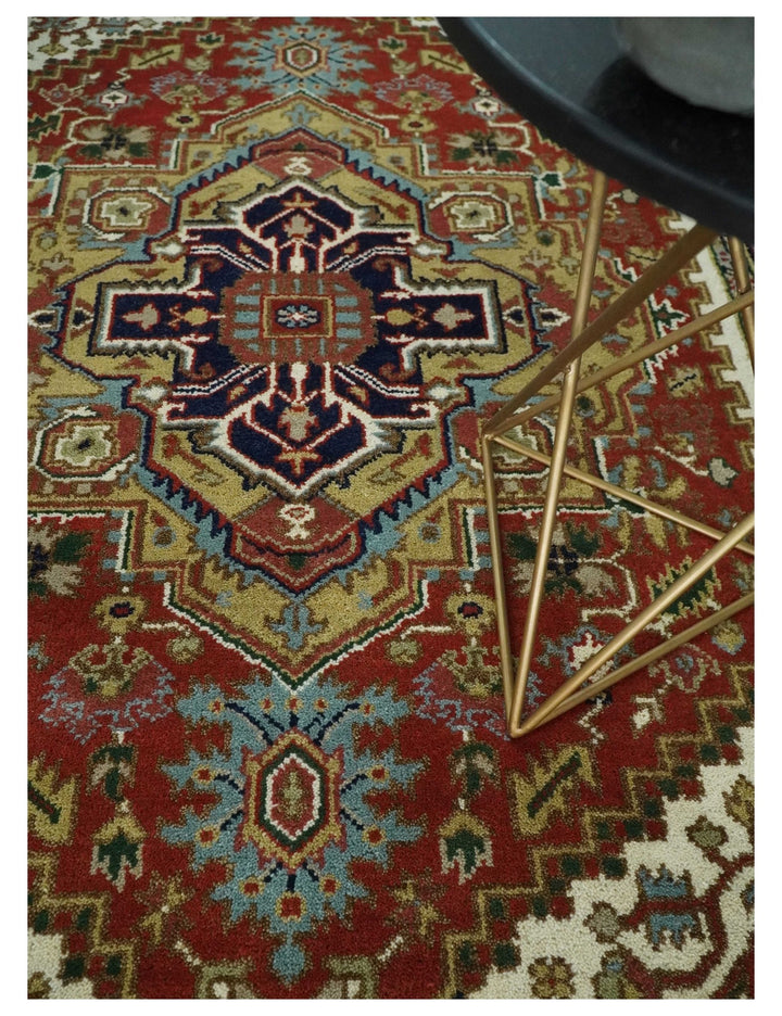 Traditional Blue, Rust and Ivory Heriz Serapi Hand knotted Multi Size wool Area Rug - The Rug Decor
